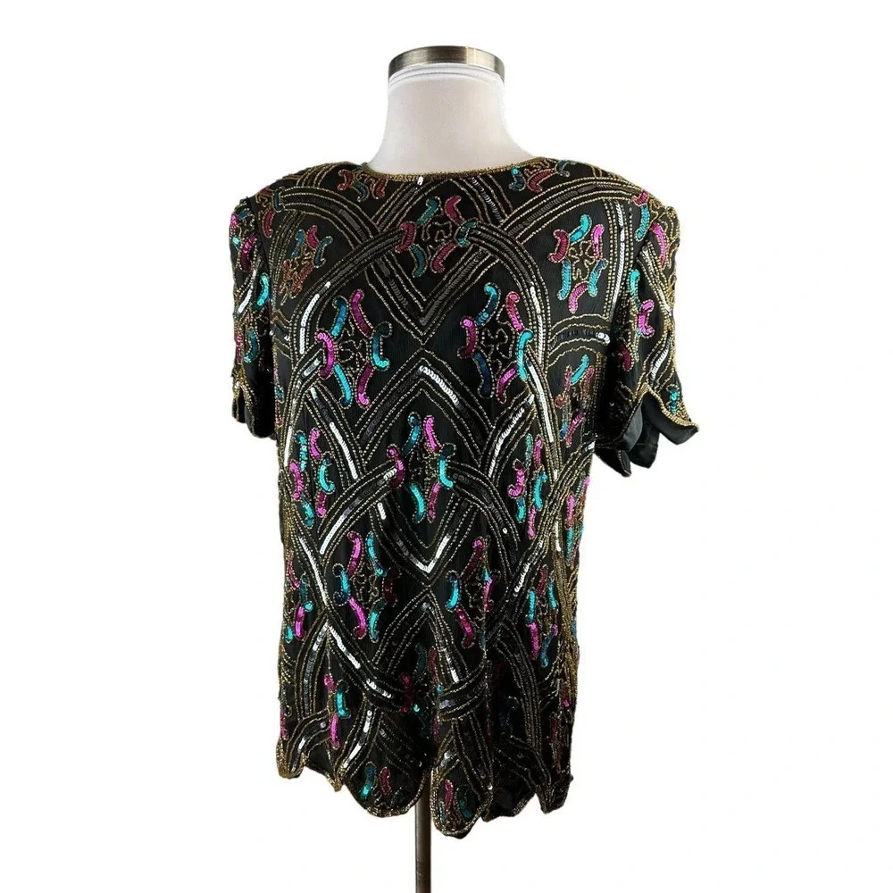 Vintage Papell Boutique Silk Sequin Beaded Embellished Top Black Plus Size 2X - Picture 10 of 12